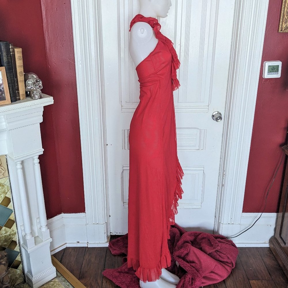 Forplay Red Mesh Ruffle Halter Gown - Picture 3 of 11